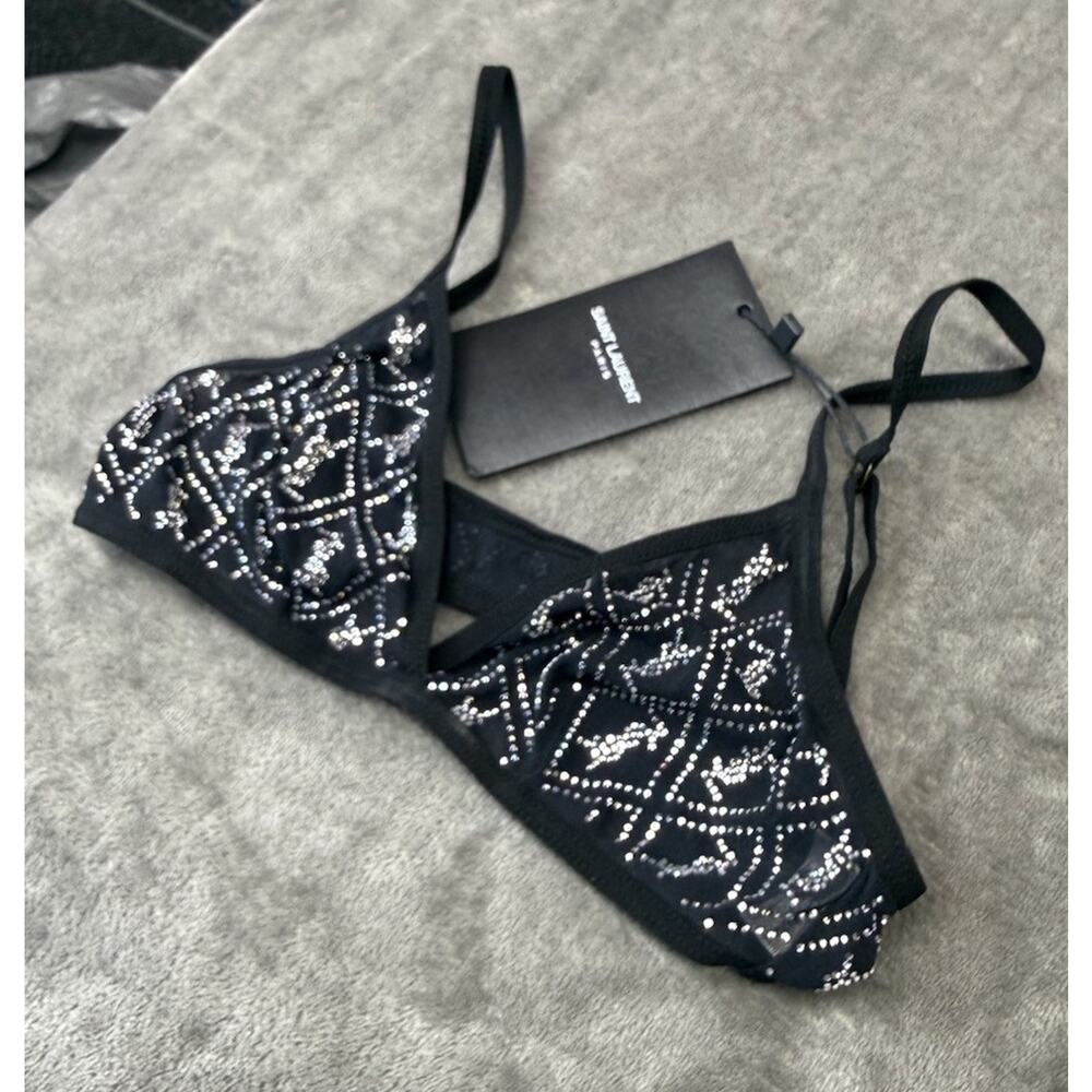 NWT Saint Laurent Cassandre Rhinestone Bralette Black XS NWT Crystal Logo - Picture 8 of 15